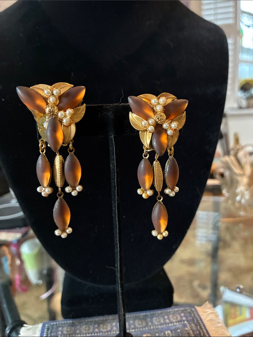 Gold-Tone Amber Drop Earrings with Pearl Accents